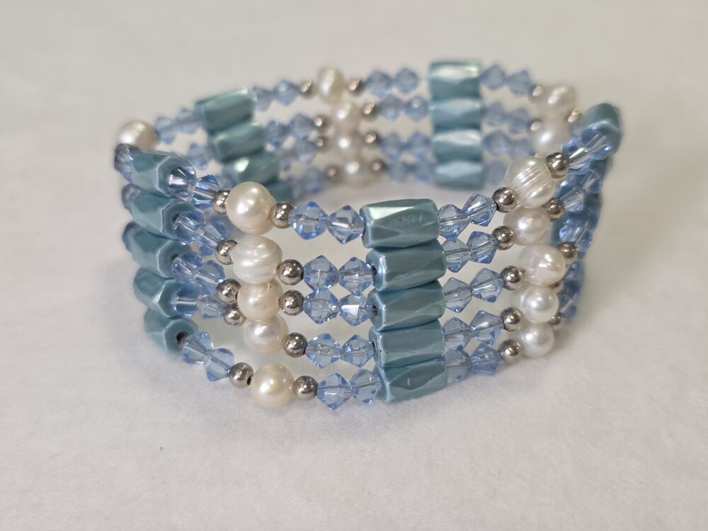 Magnetic Hematite Beads Wrap Around Bracelet Light Blue With Real Pearl Accents